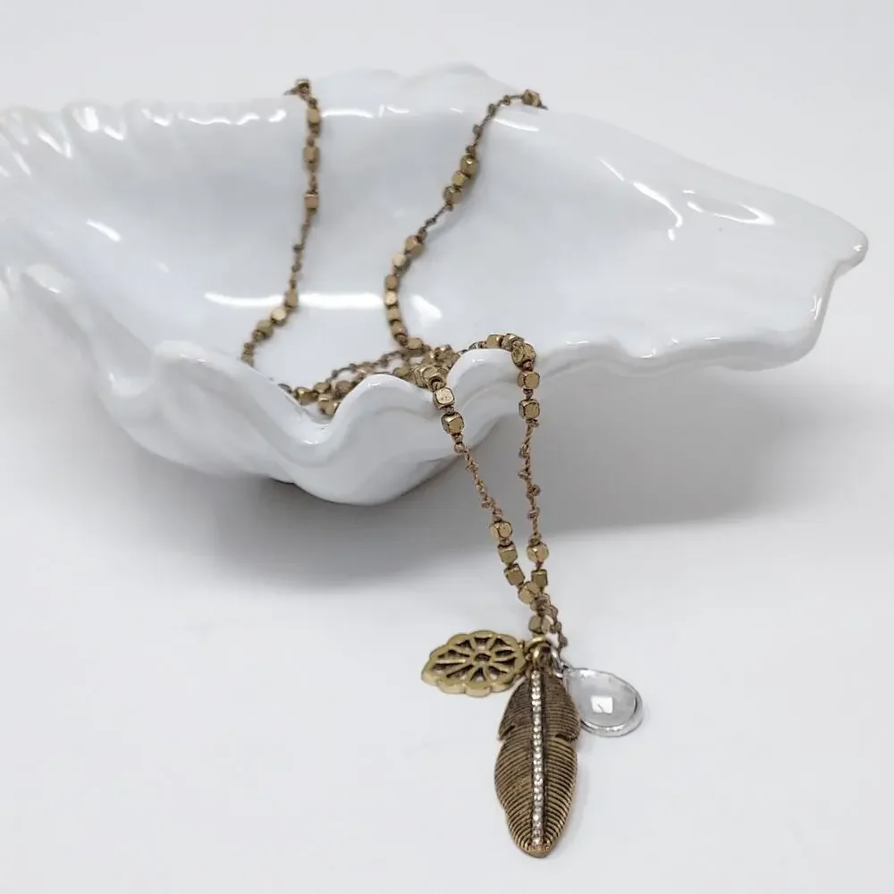 Lucky Brand Pendant Necklace Aged Gold Tone Stone Metal Rhinestone Charms Boho